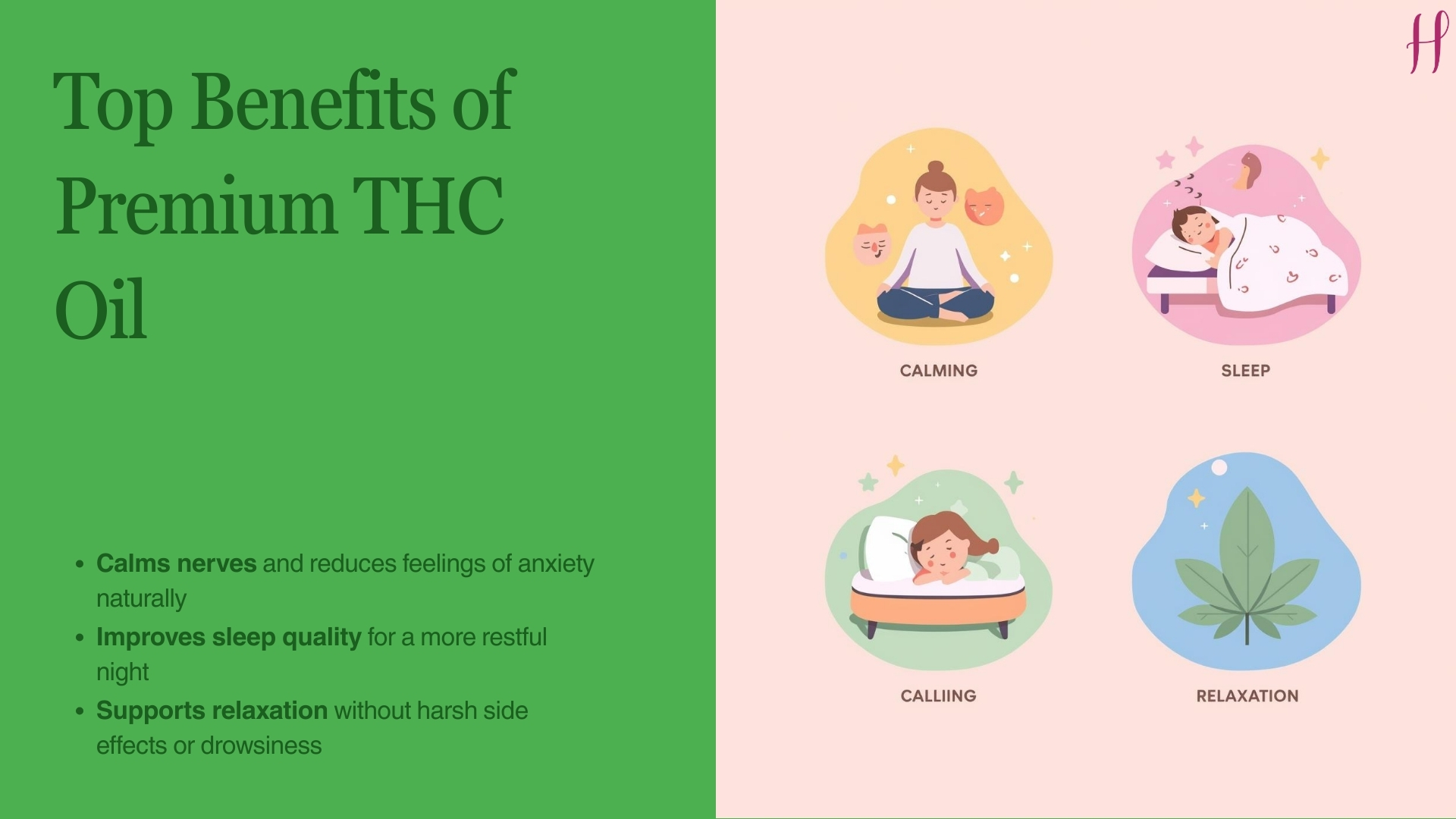 Illustration showing calming, sleep, relaxation, and stress relief benefits of premium THC oil.
